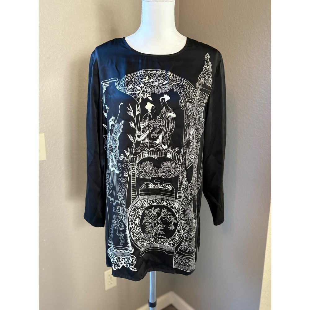 Diane von Furstenberg DVF Black Silk Chinoiserie Graphic Print Tunic Top Small‎